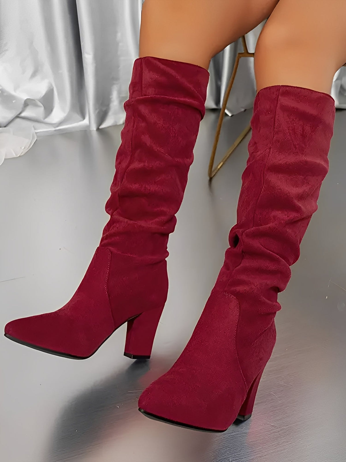 Women's Suede-Look Slouch Knee-High Boots, Pointed Toe Block Heel