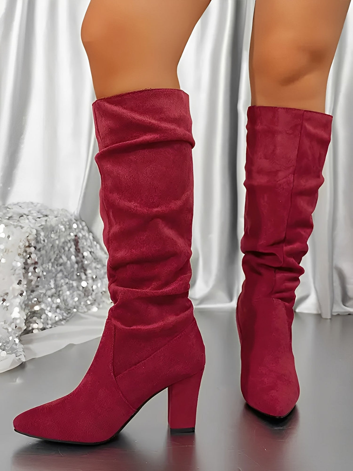 Women's Suede-Look Slouch Knee-High Boots, Pointed Toe Block Heel