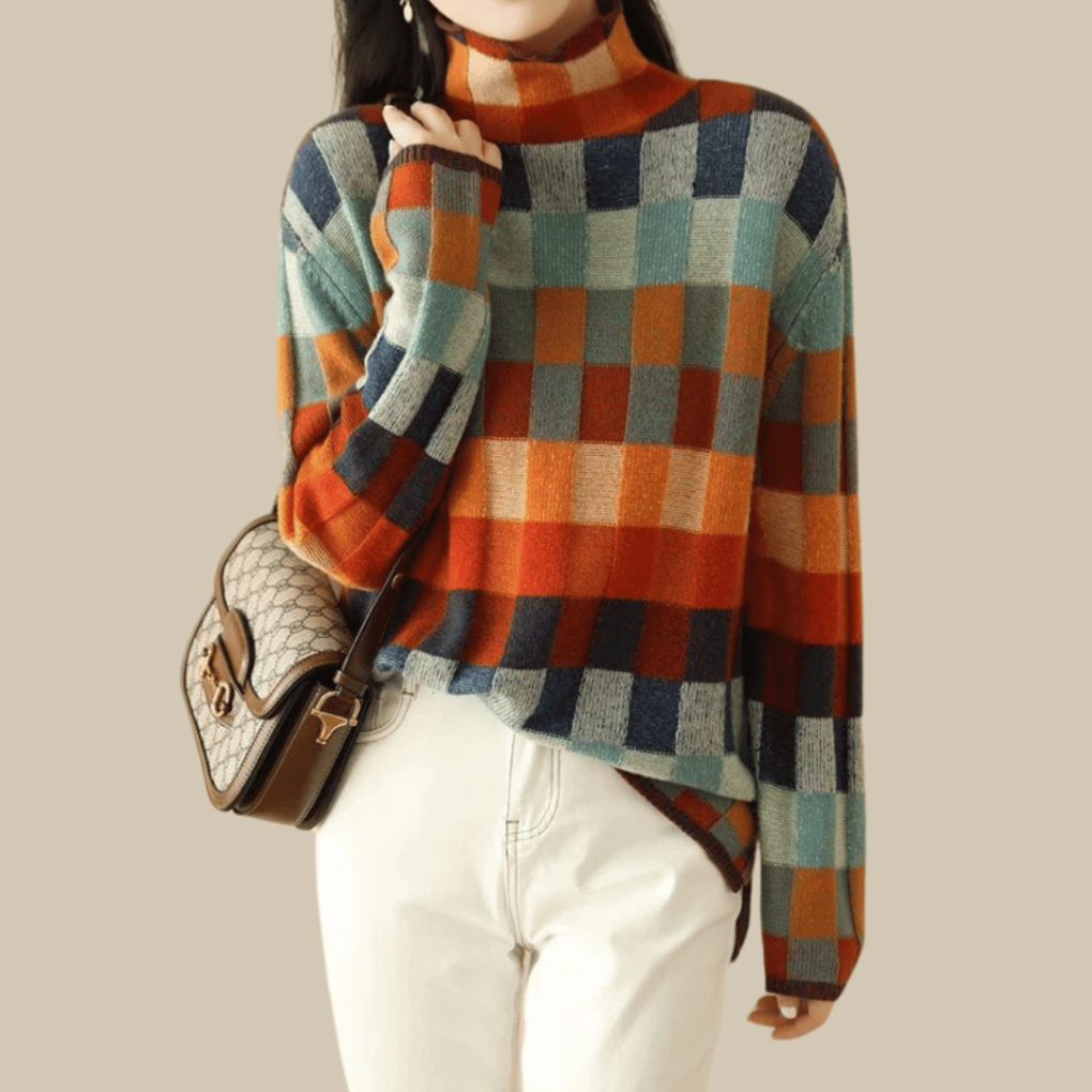 Women's Cashmere Turtleneck Sweater, Relaxed Patchwork Knit - Ravel