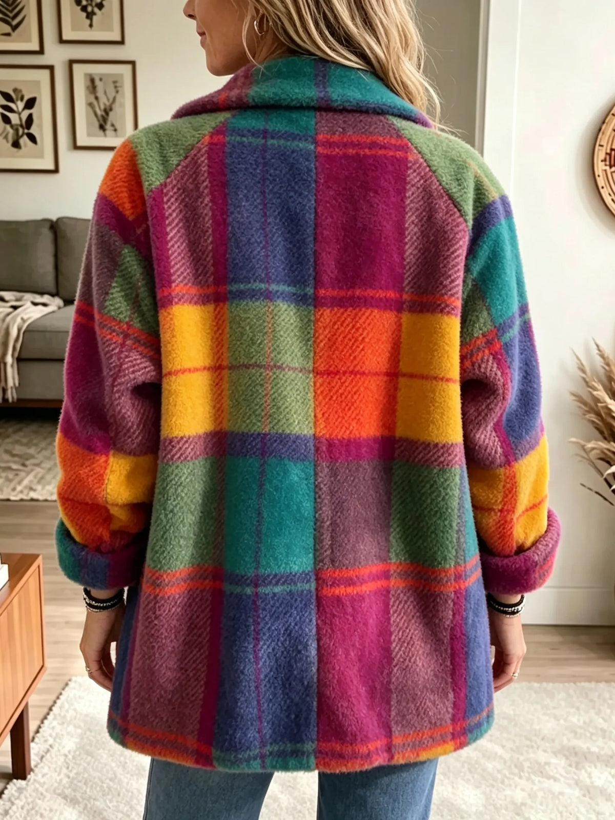 Relaxed Check Fleece Jacket with Bold Colour Block Pattern