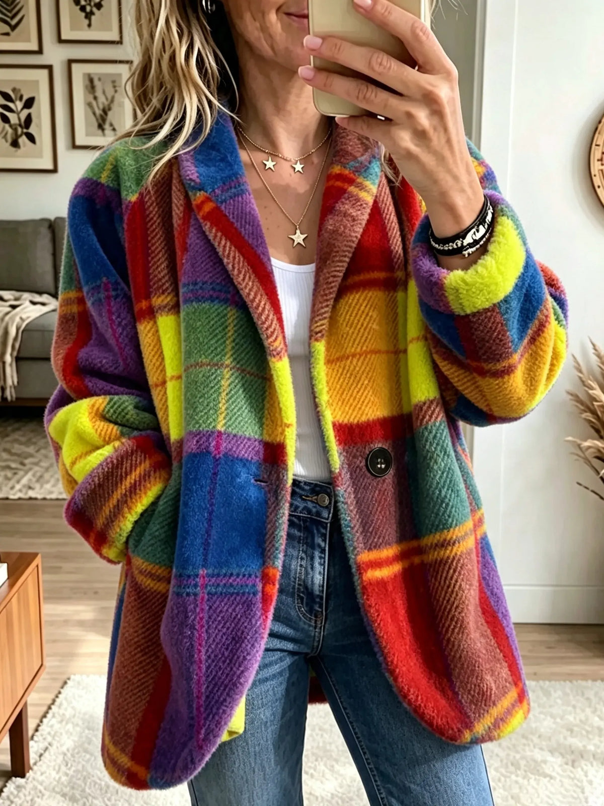 Relaxed Check Fleece Jacket with Bold Colour Block Pattern