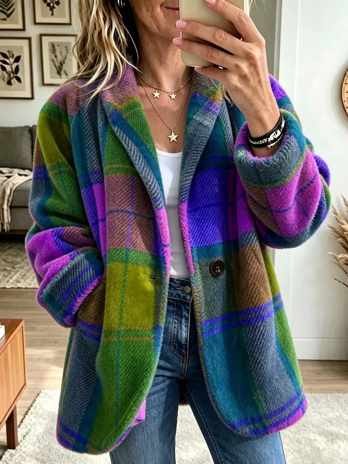 Relaxed Check Fleece Jacket with Bold Colour Block Pattern
