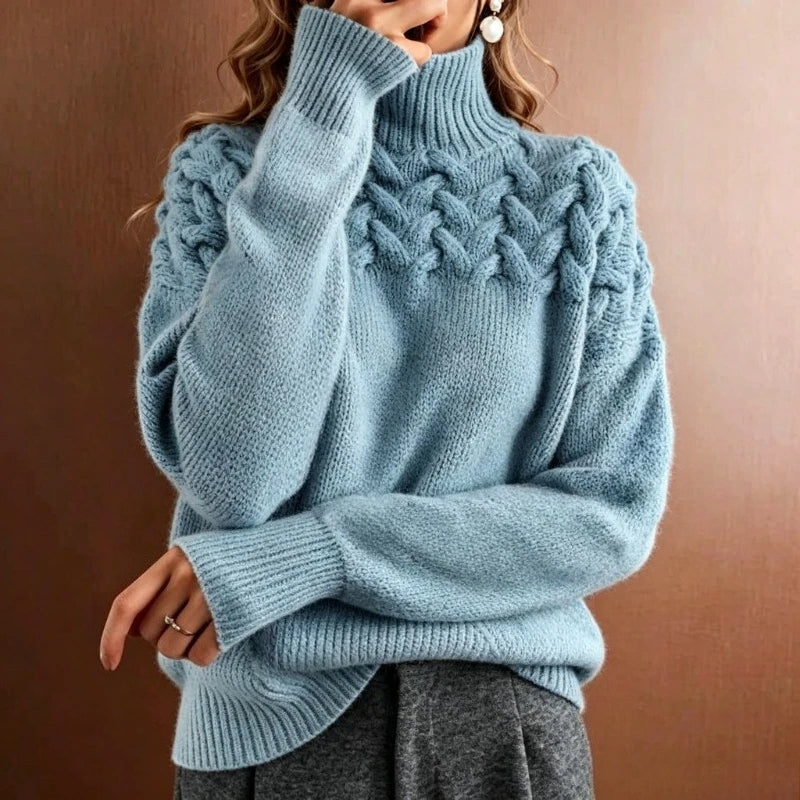 Women's Oversized Turtleneck Sweater, Cable Knit Yoke - Lenora