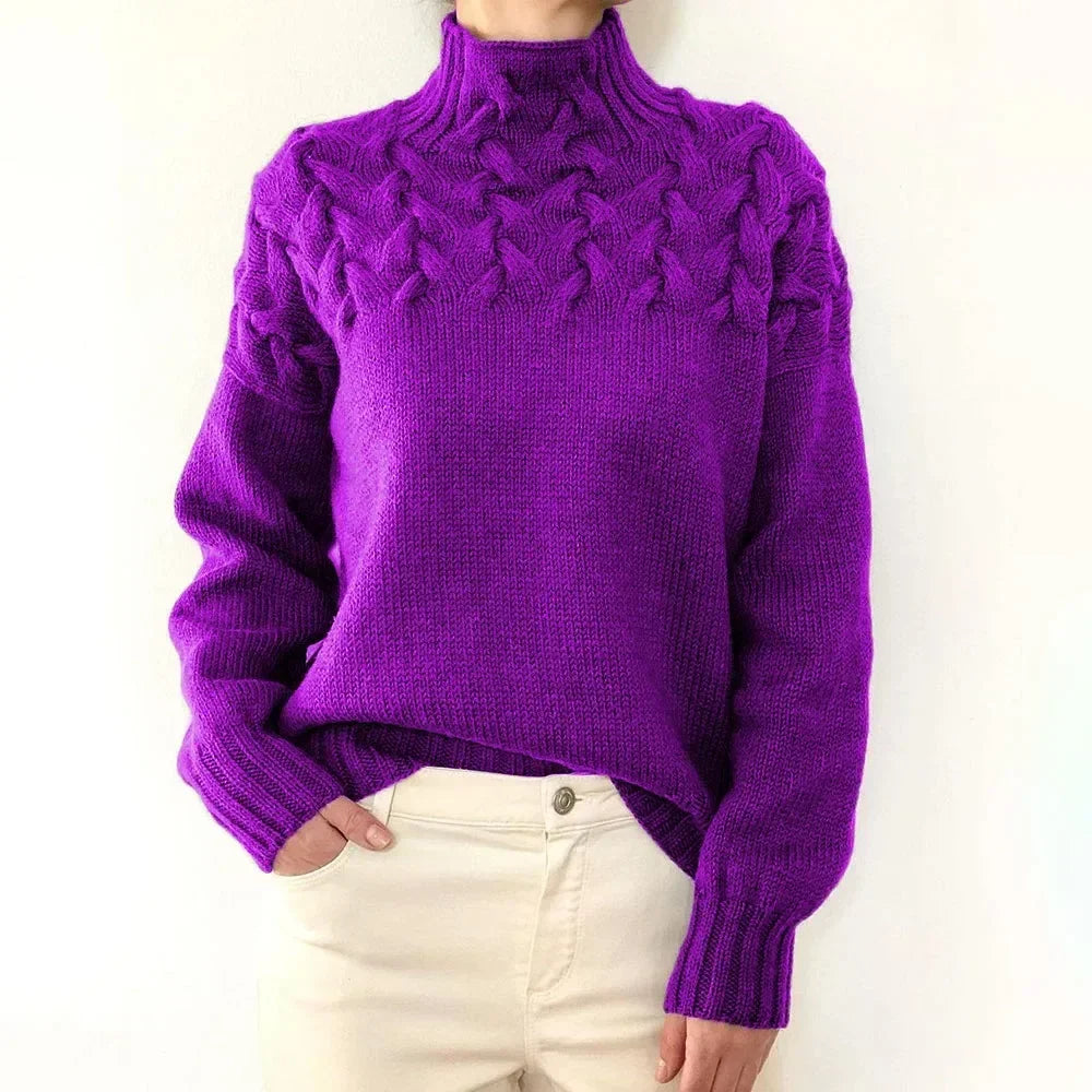 Women's Oversized Turtleneck Sweater, Cable Knit Yoke - Lenora
