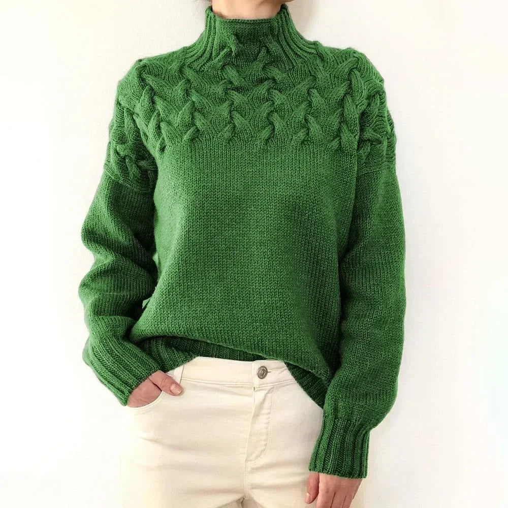 Women's Oversized Turtleneck Sweater, Cable Knit Yoke - Lenora