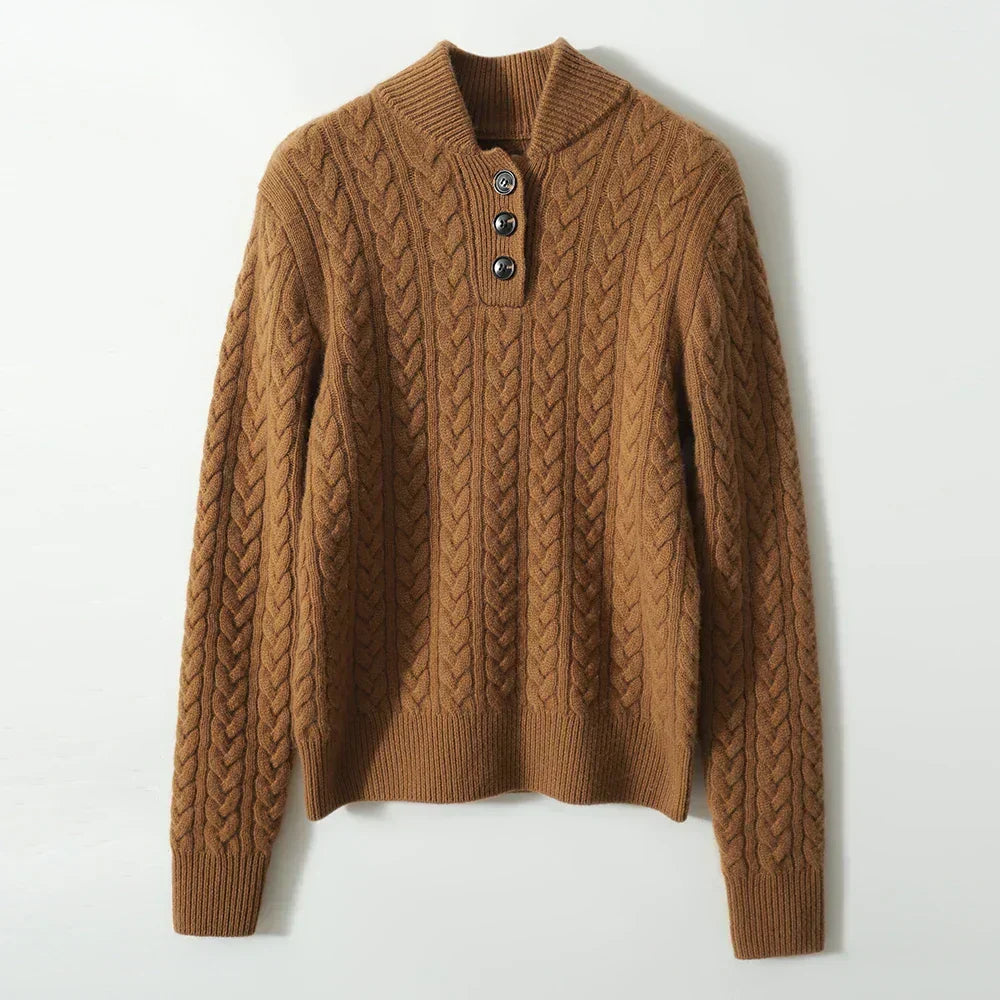 Wool Cashmere Blend Cable Knit Sweater, Button Collar - Arden