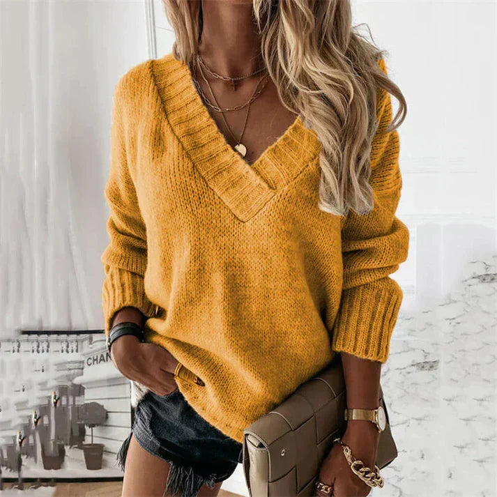 Women's V-Neck Sweater, Soft Brushed Knit with Ribbed Cuffs