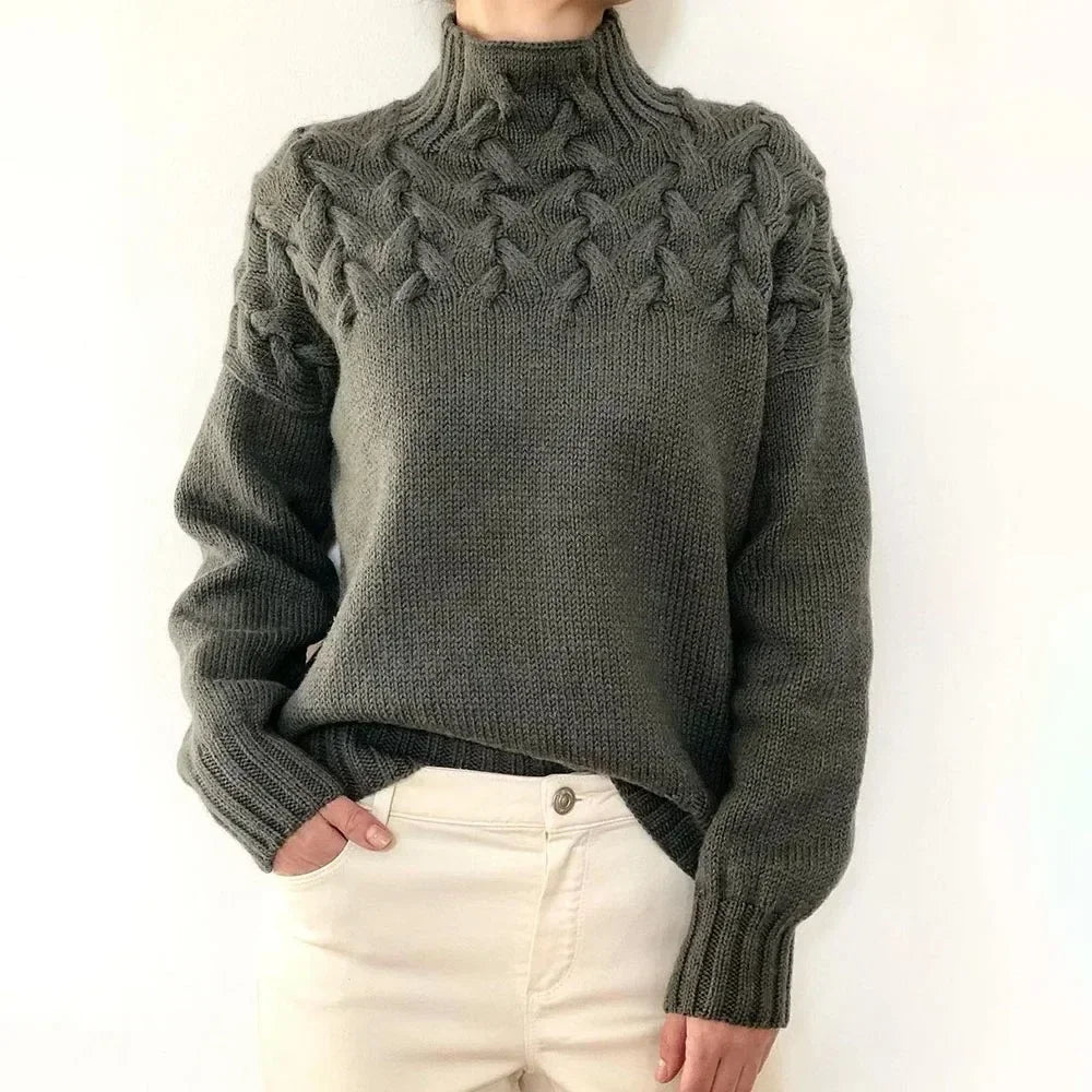 Women's Oversized Turtleneck Sweater, Cable Knit Yoke - Lenora