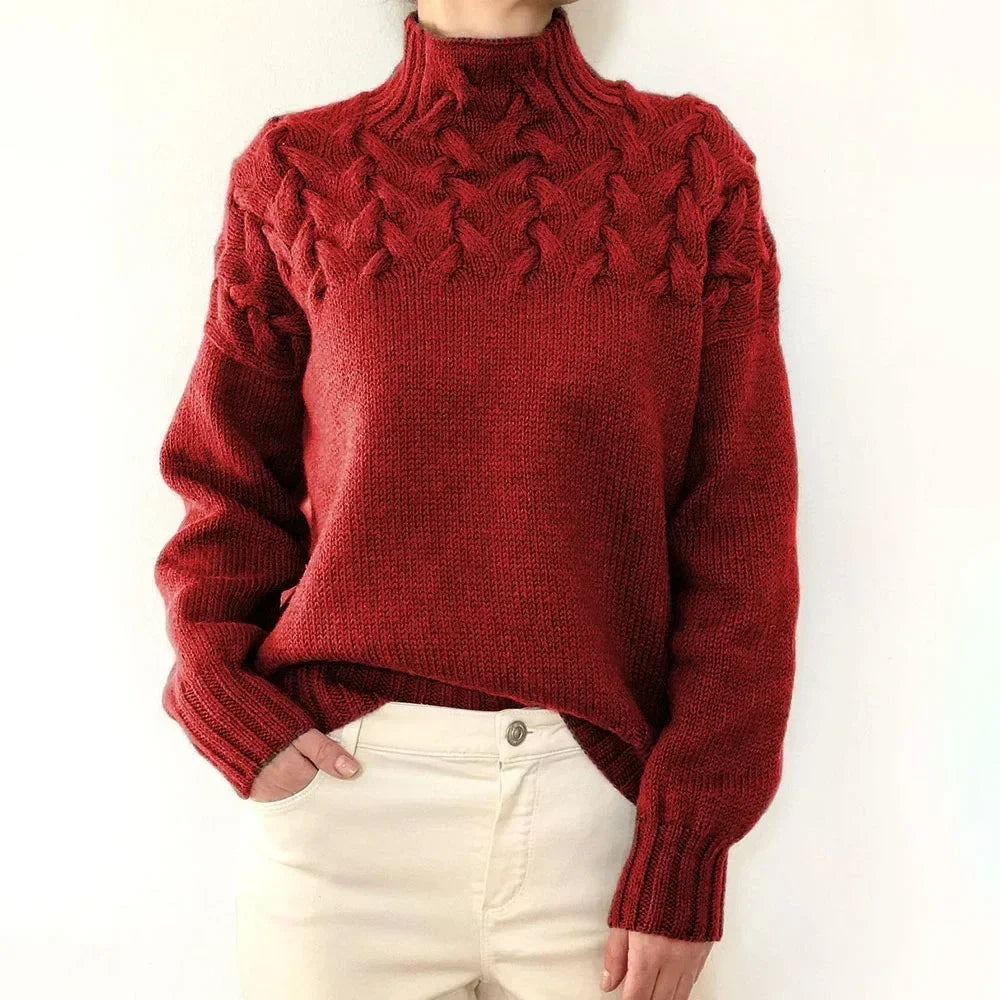 Women's Oversized Turtleneck Sweater, Cable Knit Yoke - Lenora