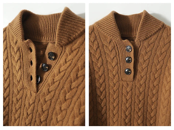 Wool Cashmere Blend Cable Knit Sweater, Button Collar - Arden