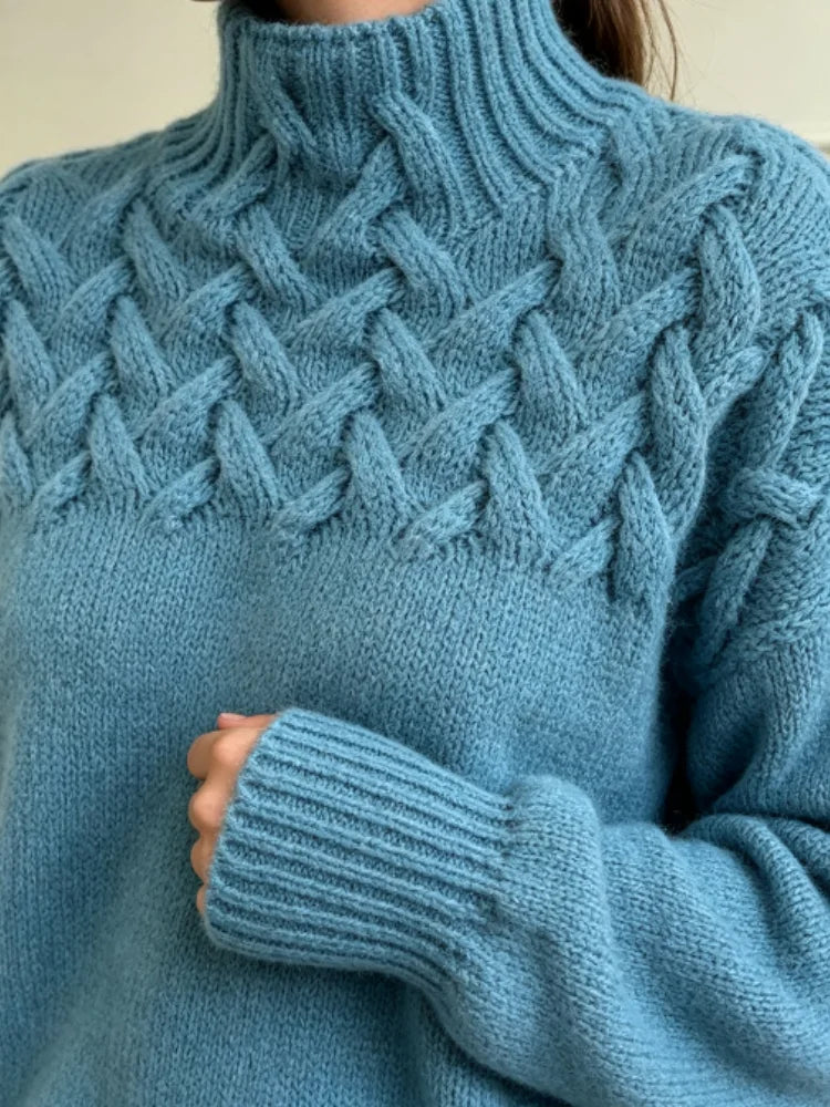 Women's Oversized Turtleneck Sweater, Cable Knit Yoke - Lenora