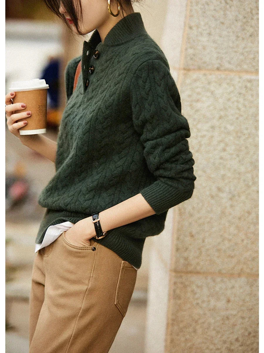 Wool Cashmere Blend Cable Knit Sweater, Button Collar - Arden
