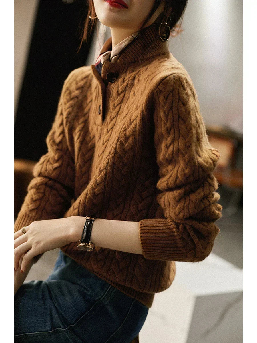 Wool Cashmere Blend Cable Knit Sweater, Button Collar - Arden