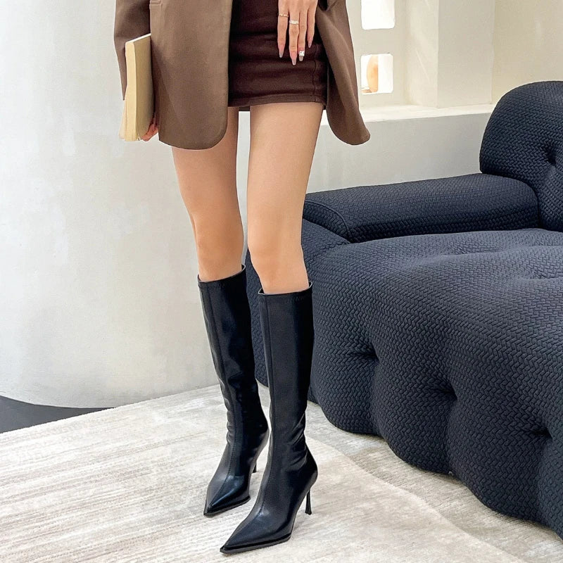 Women's Knee-High Stiletto Boots, Side Zip and Round Toe - Peyton