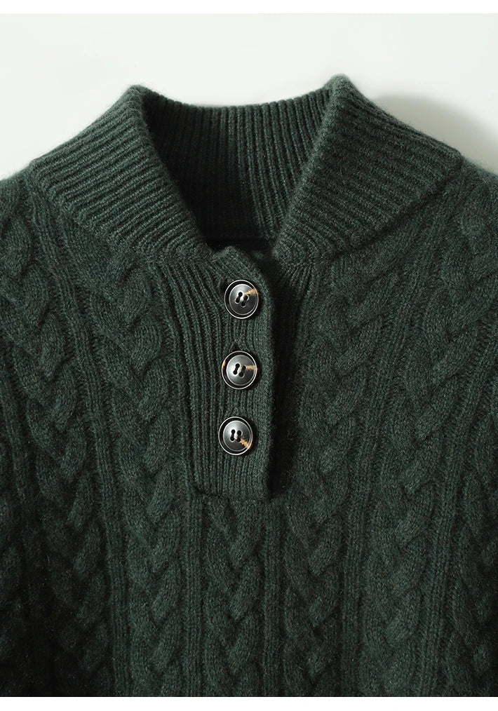 Wool Cashmere Blend Cable Knit Sweater, Button Collar - Arden