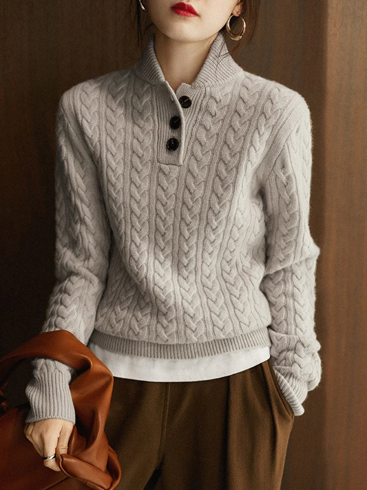Wool Cashmere Blend Cable Knit Sweater, Button Collar - Arden