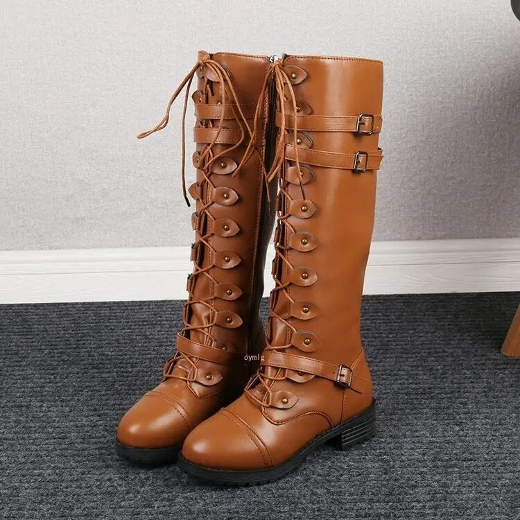 Women's Lace-Up Knee-High Combat Boots with Buckle Straps