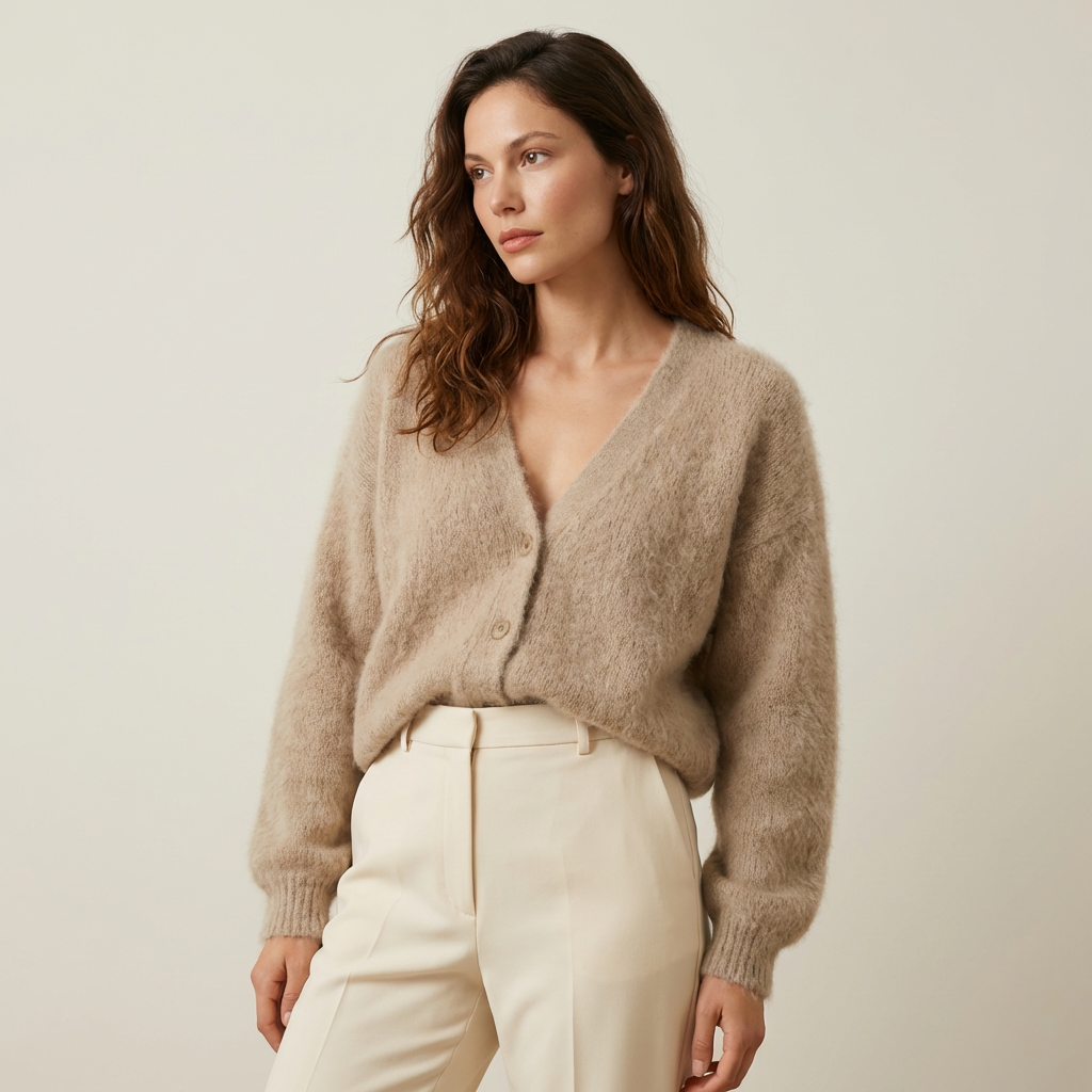 Beige V-neck button-front knit cardigan