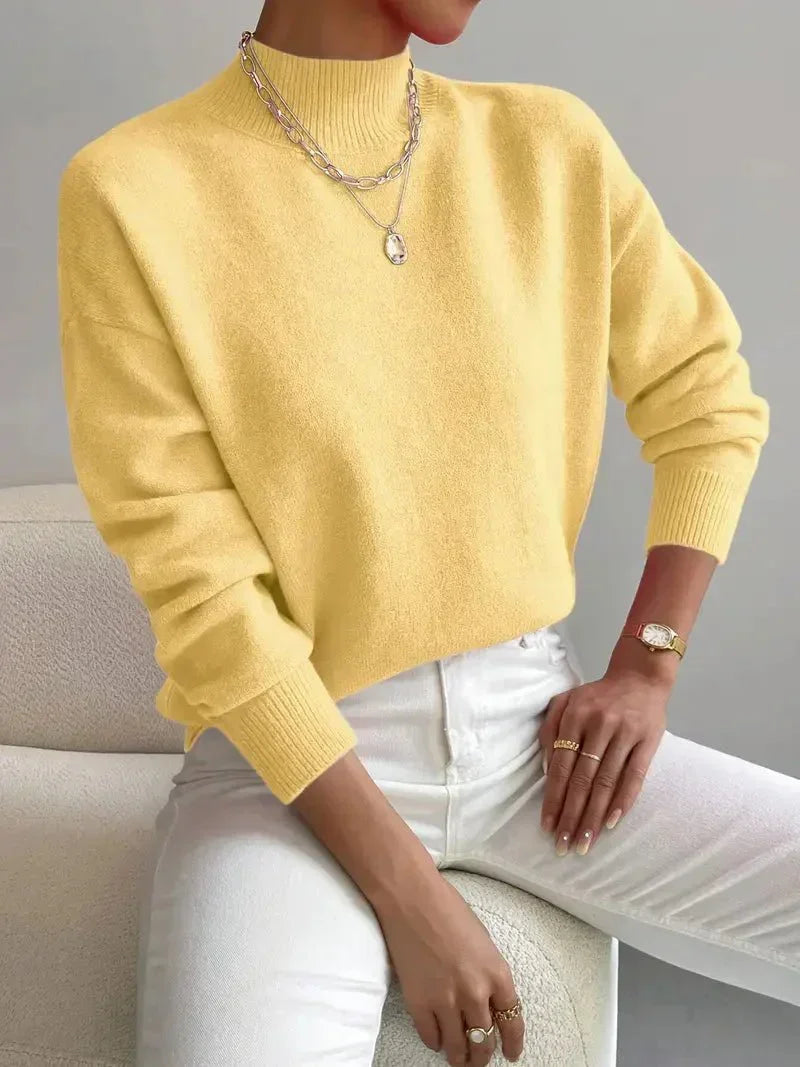 Women's Mock Neck Sweater, Relaxed Fit with Ribbed Cuffs