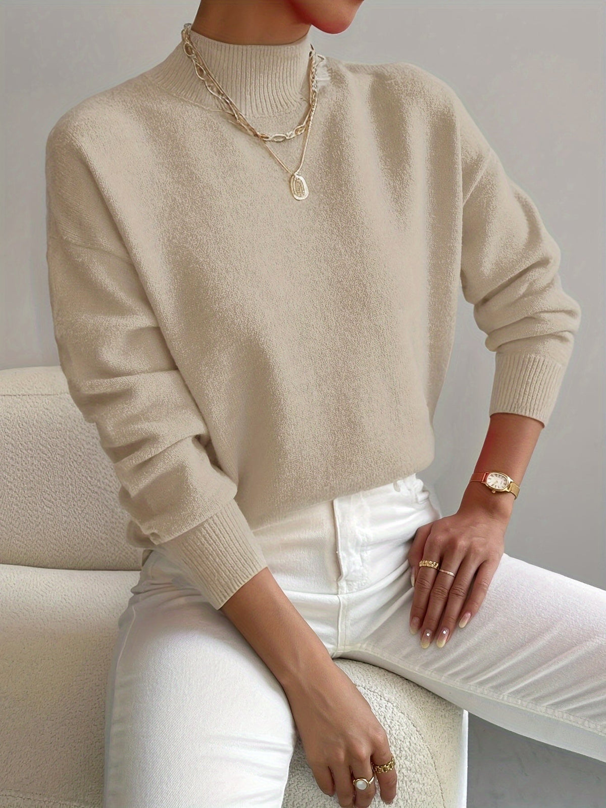 Women's Mock Neck Sweater, Relaxed Fit with Ribbed Cuffs