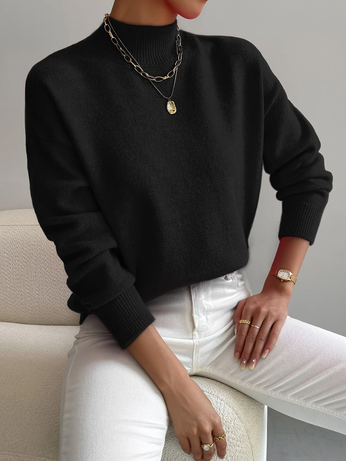 Women's Mock Neck Sweater, Relaxed Fit with Ribbed Cuffs