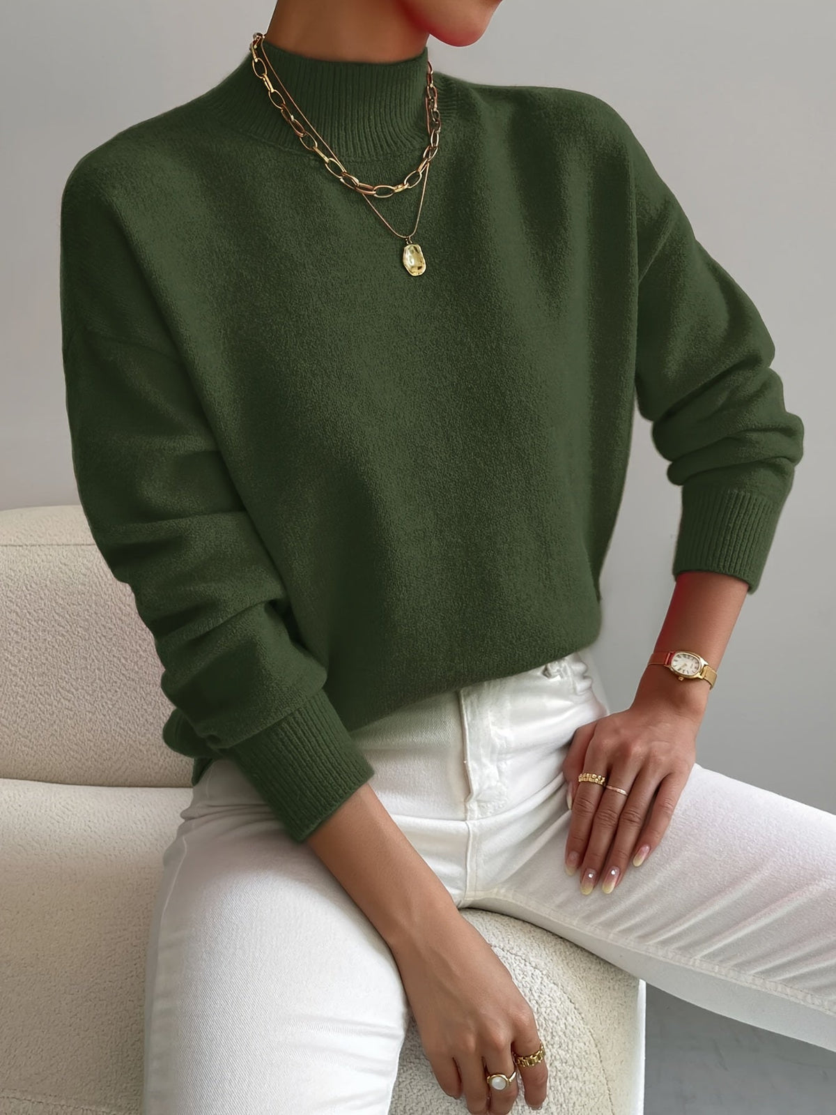 Women's Mock Neck Sweater, Relaxed Fit with Ribbed Cuffs