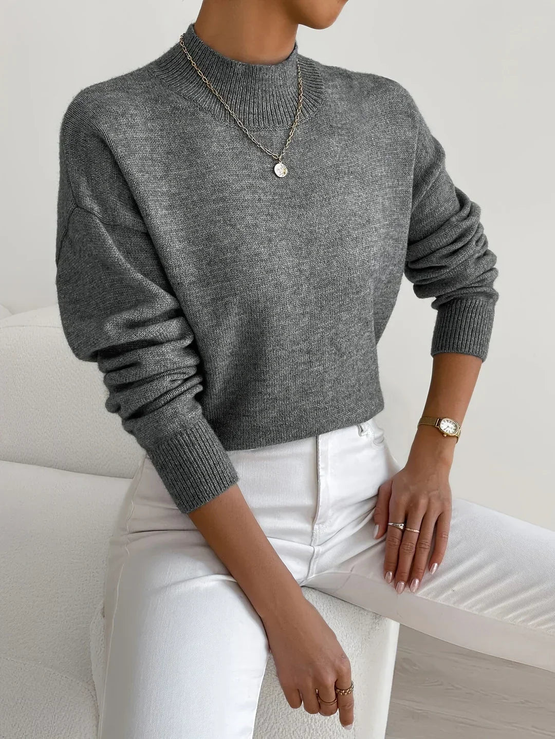 Women's Mock Neck Sweater, Relaxed Fit with Ribbed Cuffs