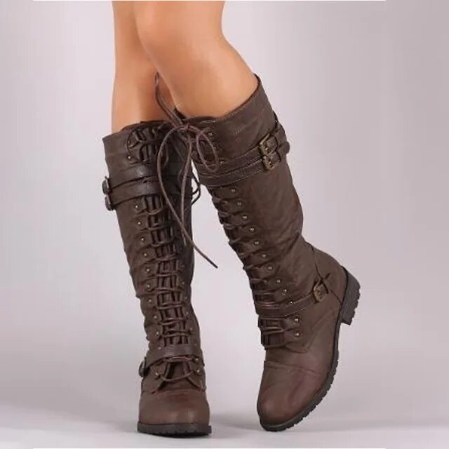 Women's Lace-Up Knee-High Combat Boots with Buckle Straps