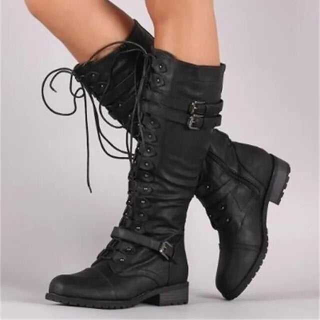 Women's Lace-Up Knee-High Combat Boots with Buckle Straps