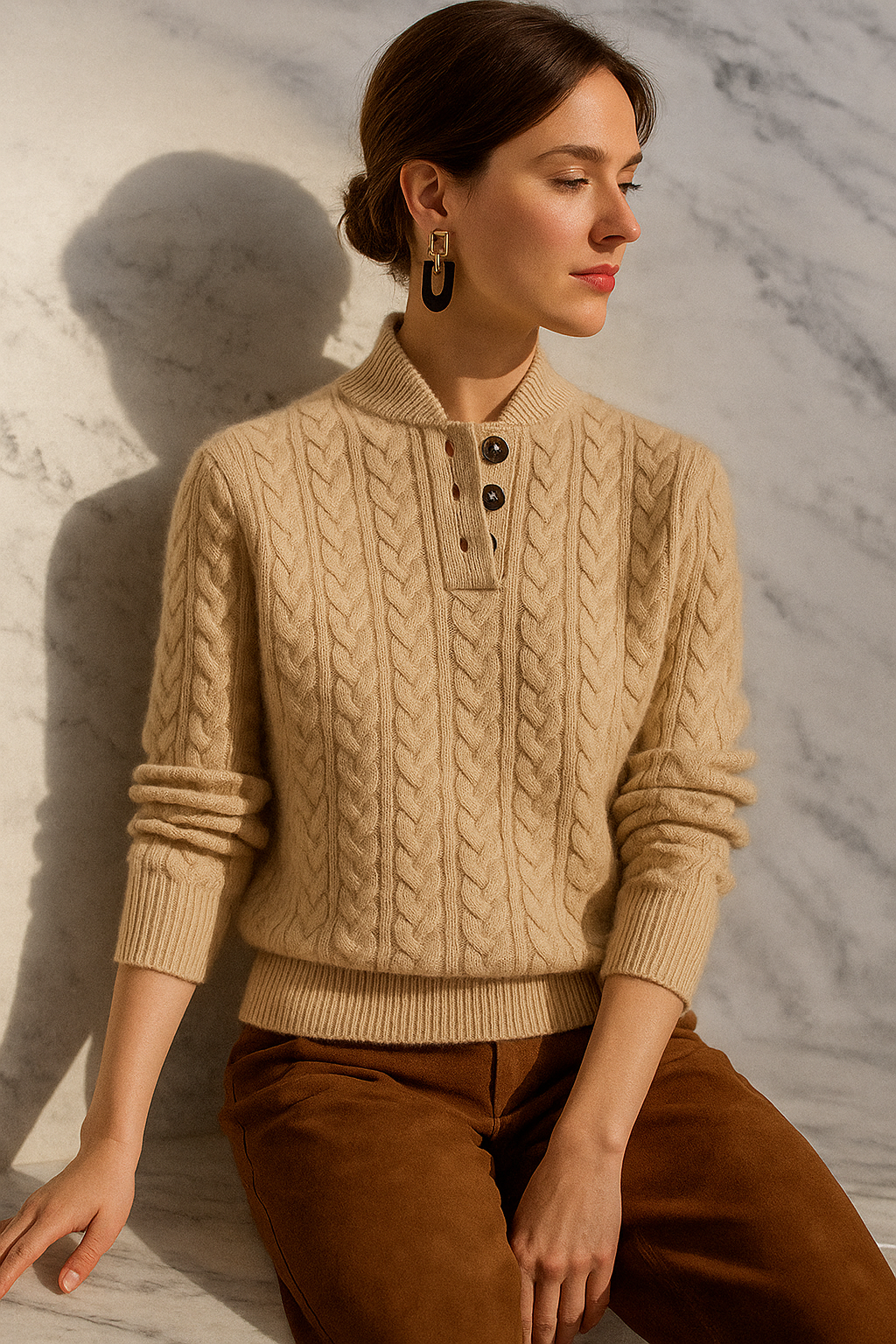 Women's Cable Knit Sweater, Button Neck and Relaxed Fit for Layering