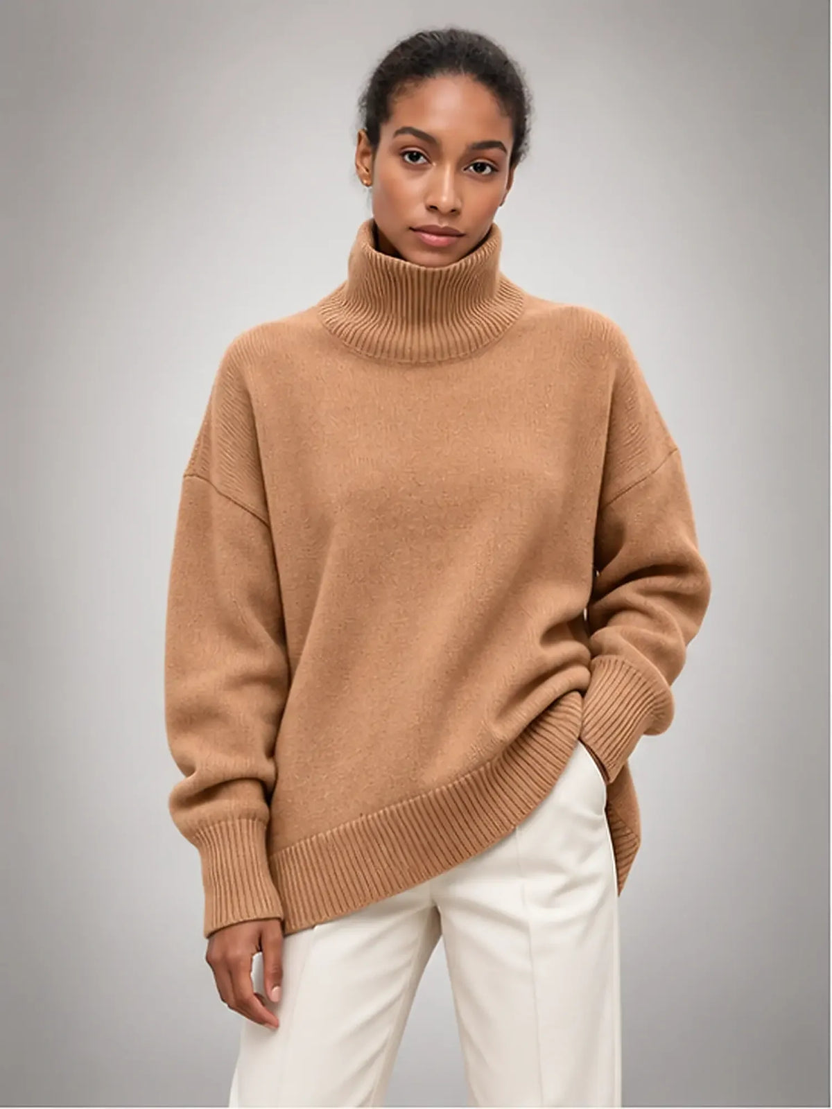 Women's Oversized Turtleneck Sweater, Relaxed Knit and Long Sleeves