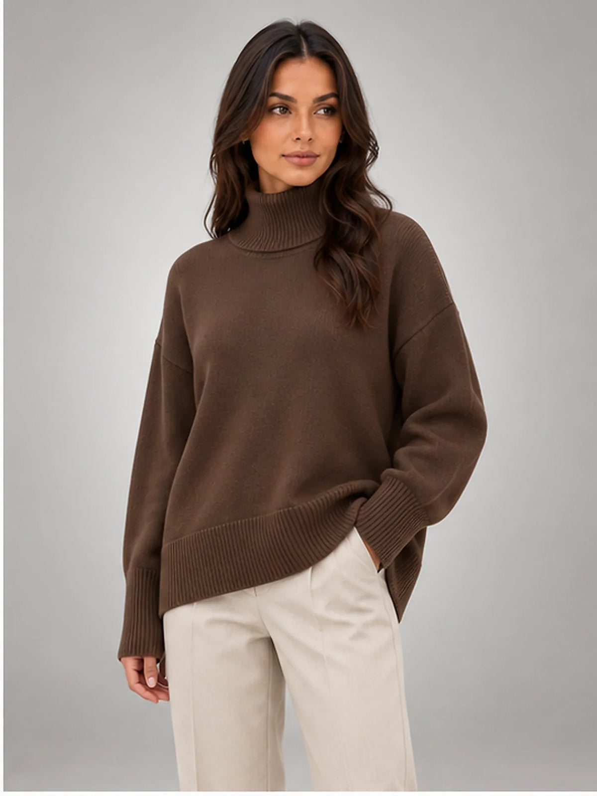 Women's Oversized Turtleneck Sweater, Relaxed Knit and Long Sleeves