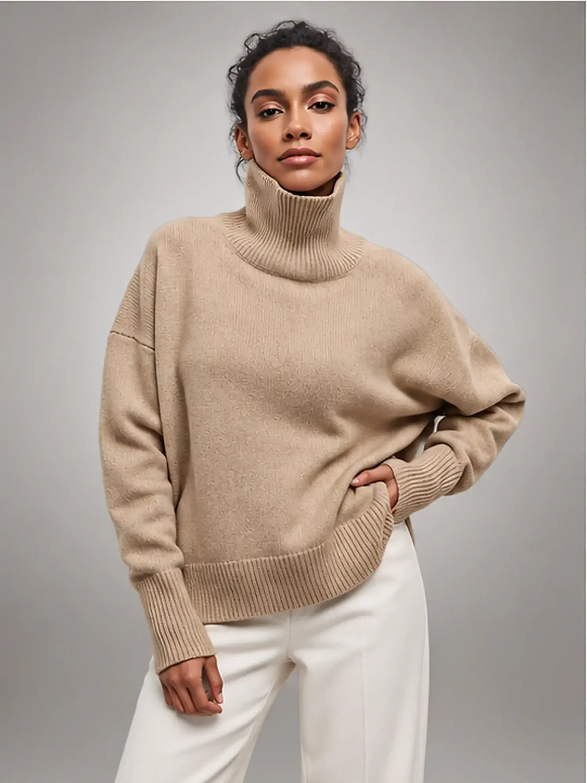 Women's Oversized Turtleneck Sweater, Relaxed Knit and Long Sleeves