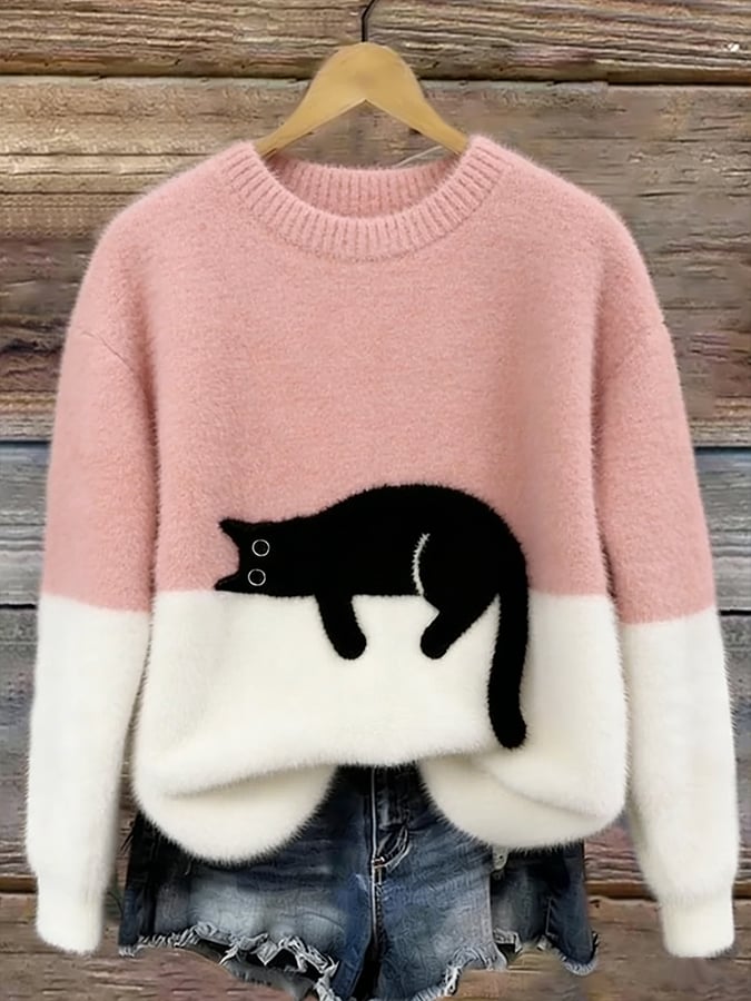 Women's Graphic Sweater, Cat Design and Color Block Knit - Caitlin