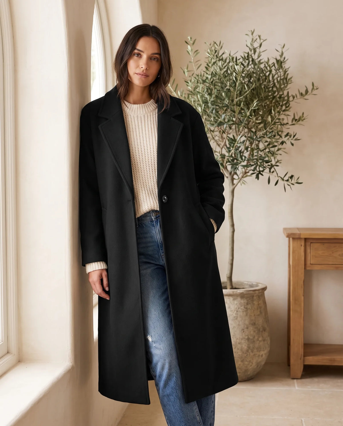 Oversized Longline Wool-Look Coat for Women with Notch Lapel