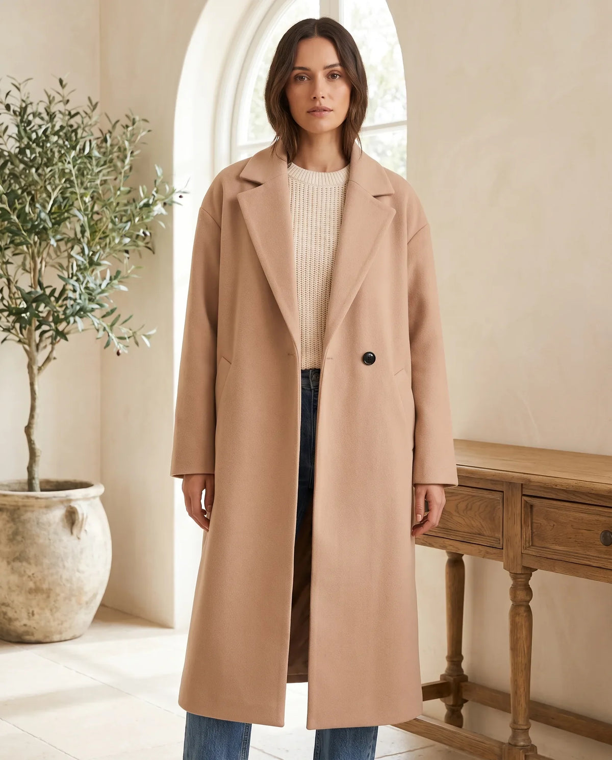 Oversized Longline Wool-Look Coat for Women with Notch Lapel