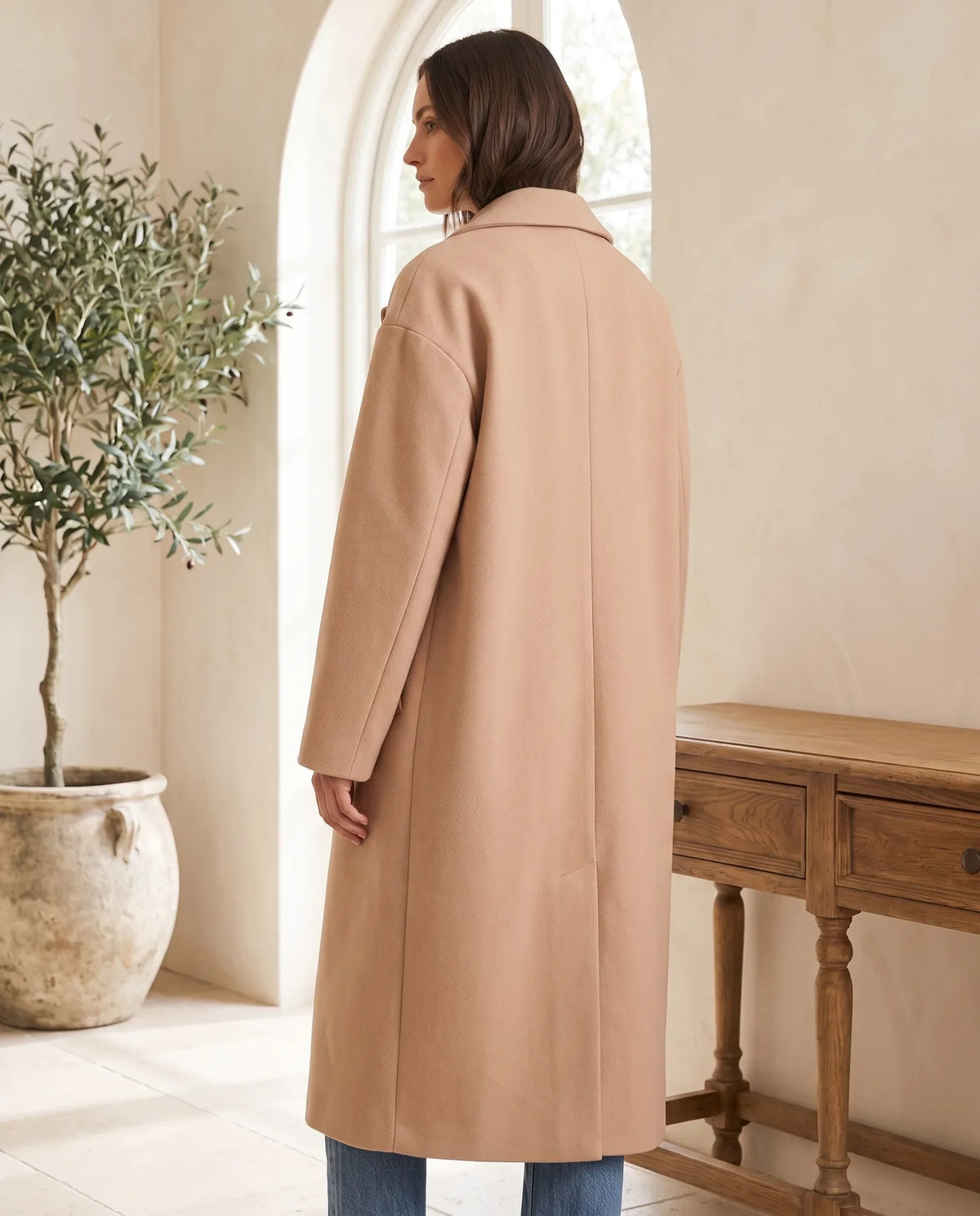 Oversized Longline Wool-Look Coat for Women with Notch Lapel
