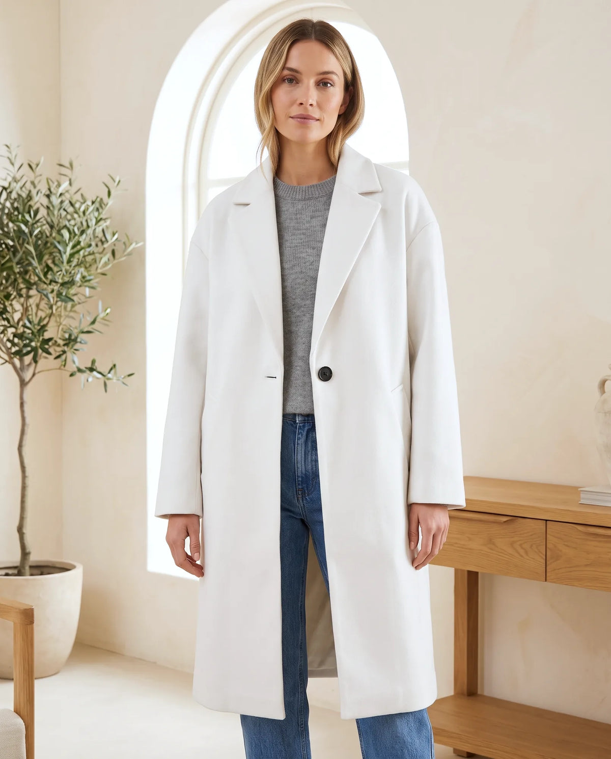 Oversized Longline Wool-Look Coat for Women with Notch Lapel