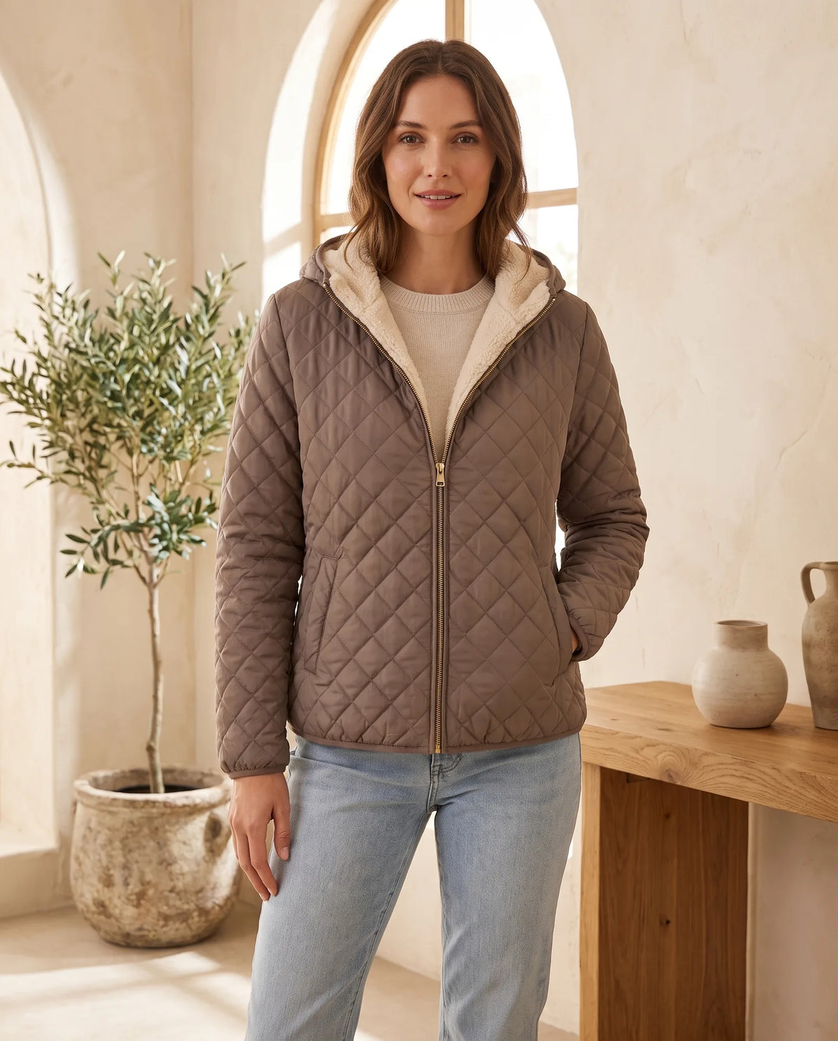 Taupe Freya Women's Quilted Puffer Jacket