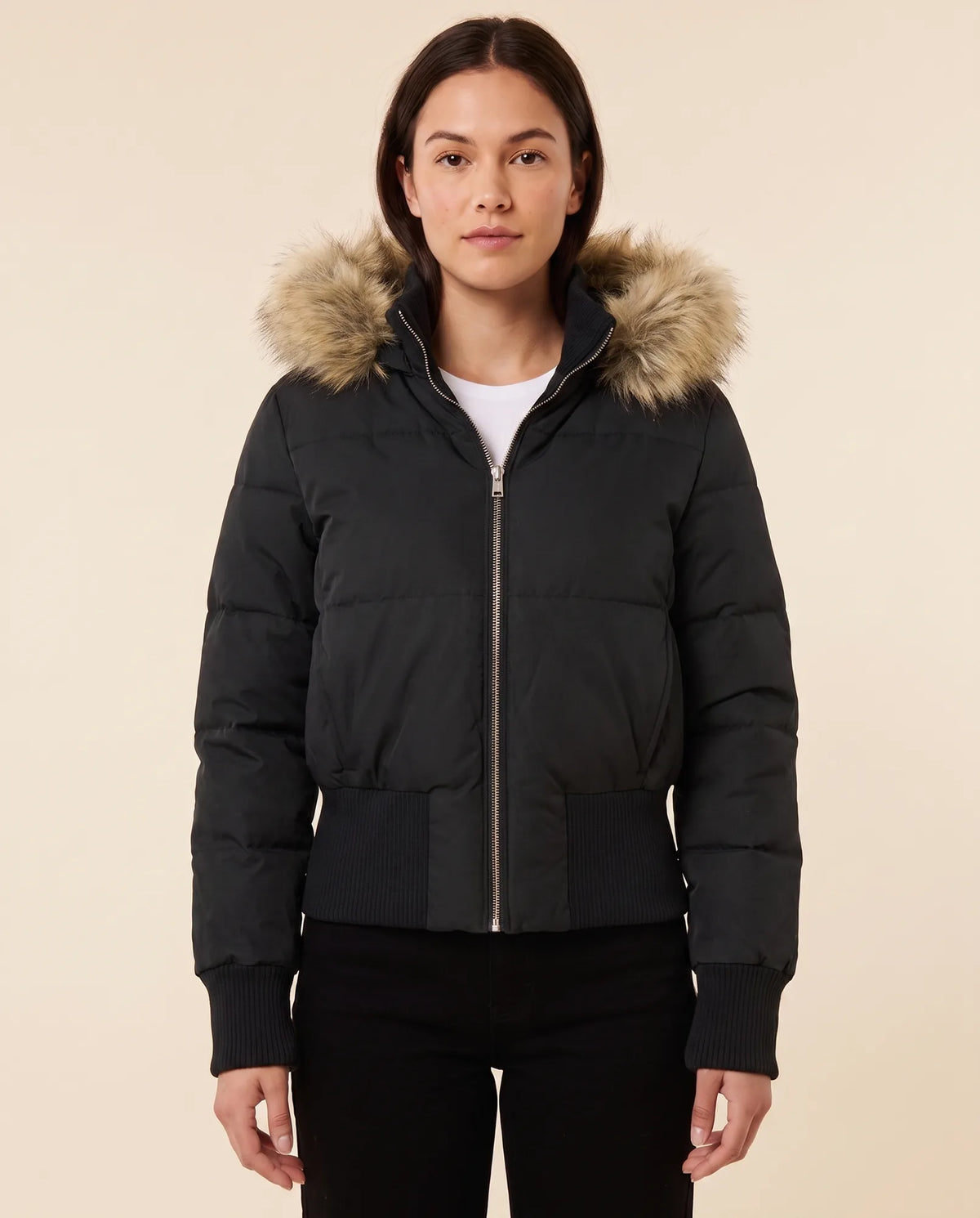 Bella Puffer Jacket for Women - Hooded Ribbed Cuff Zip-Up
