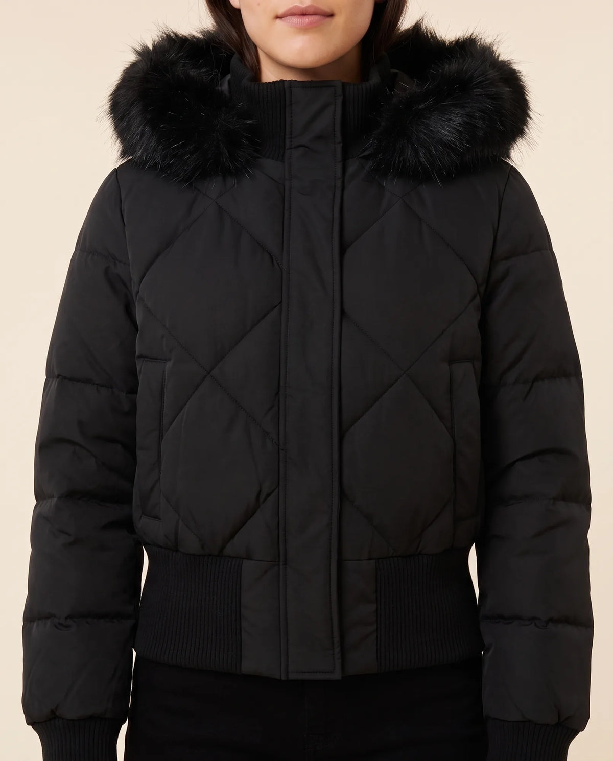 Bella Puffer Jacket for Women - Hooded Ribbed Cuff Zip-Up