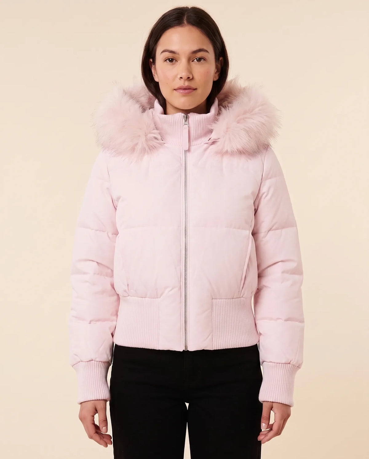 Bella Puffer Jacket for Women - Hooded Ribbed Cuff Zip-Up