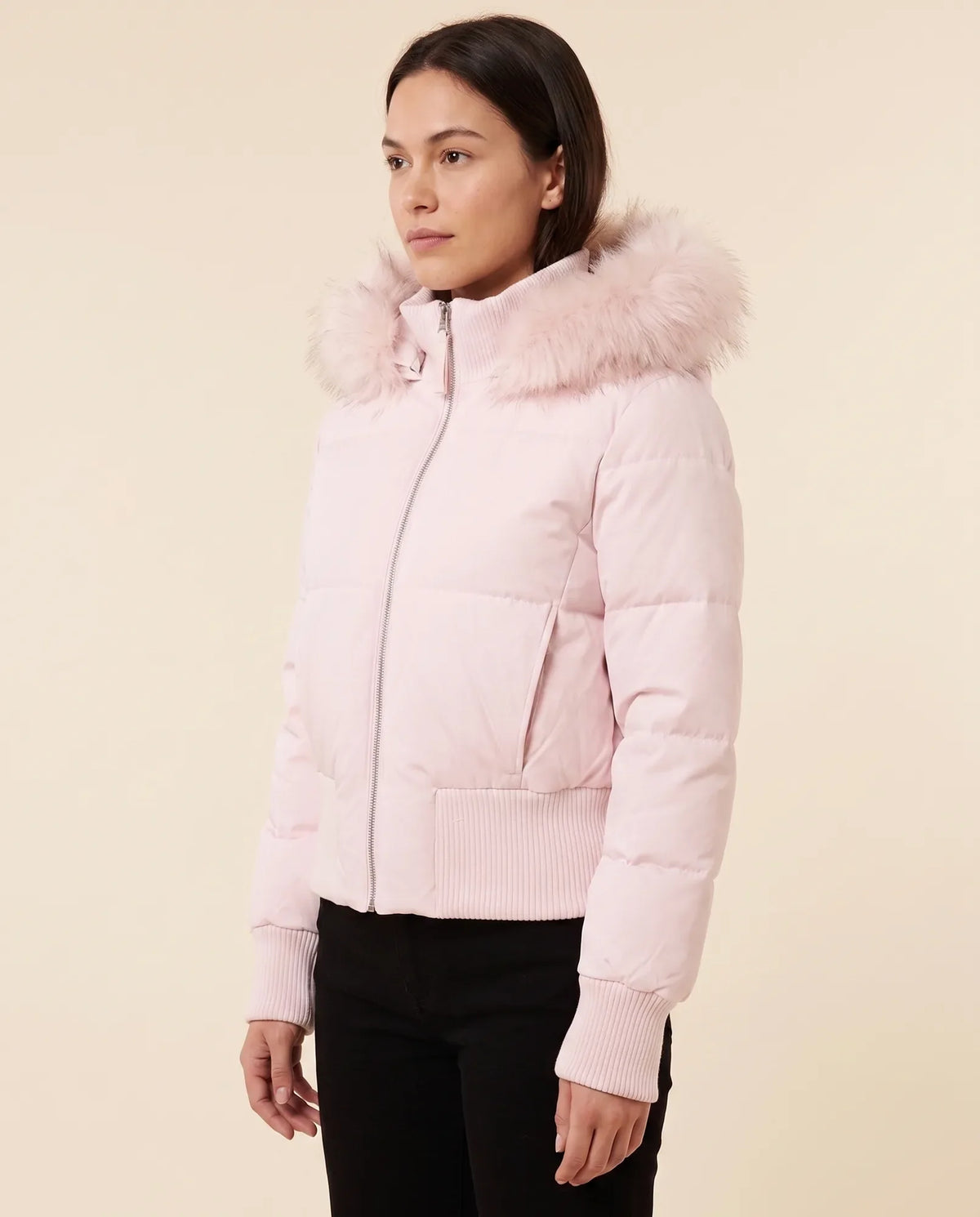 Bella Puffer Jacket for Women - Hooded Ribbed Cuff Zip-Up