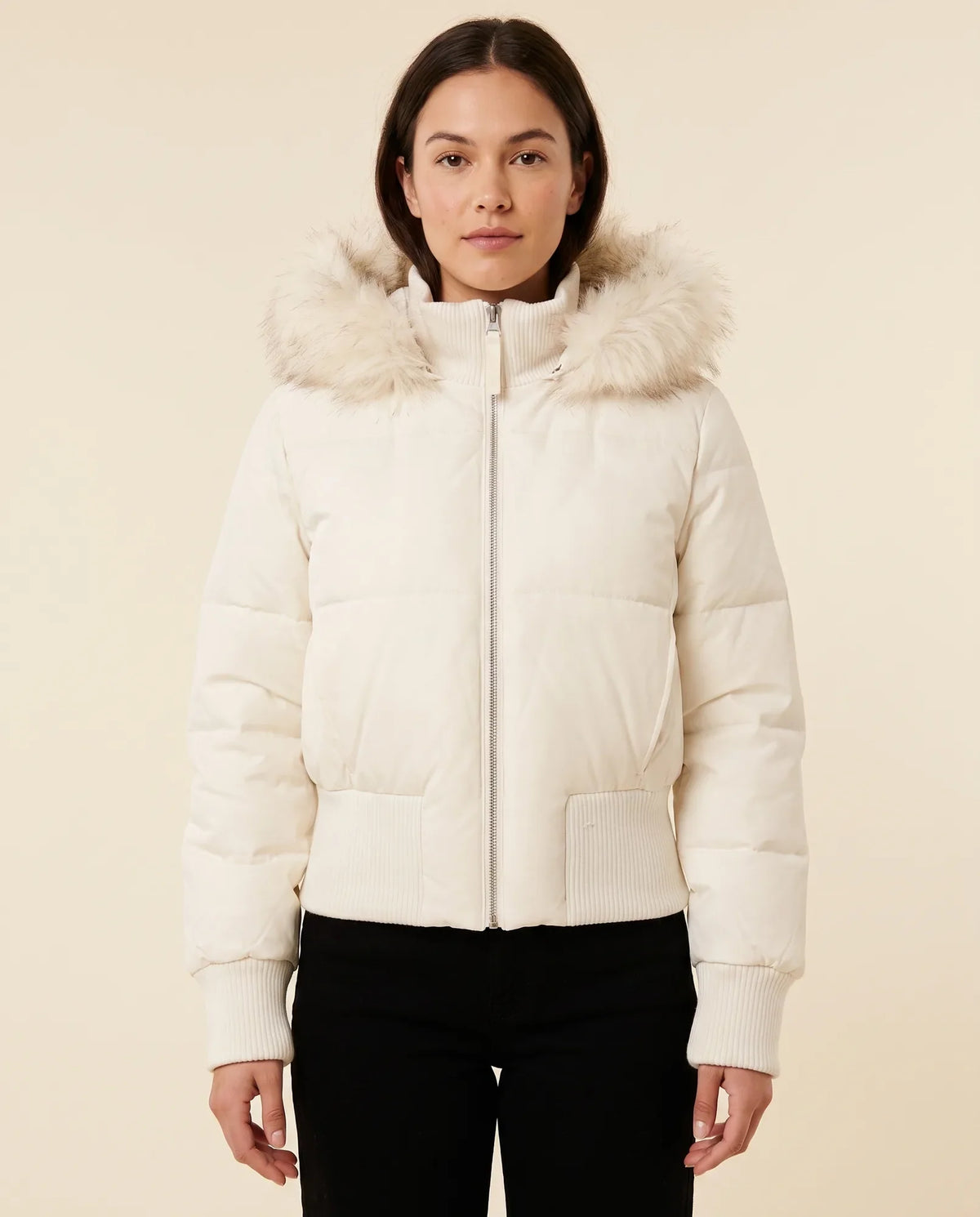 Bella Puffer Jacket for Women - Hooded Ribbed Cuff Zip-Up