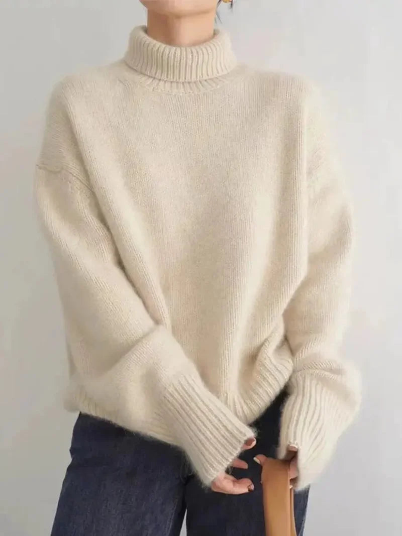 Women's oversized turtleneck knit sweater in beige - alternate view