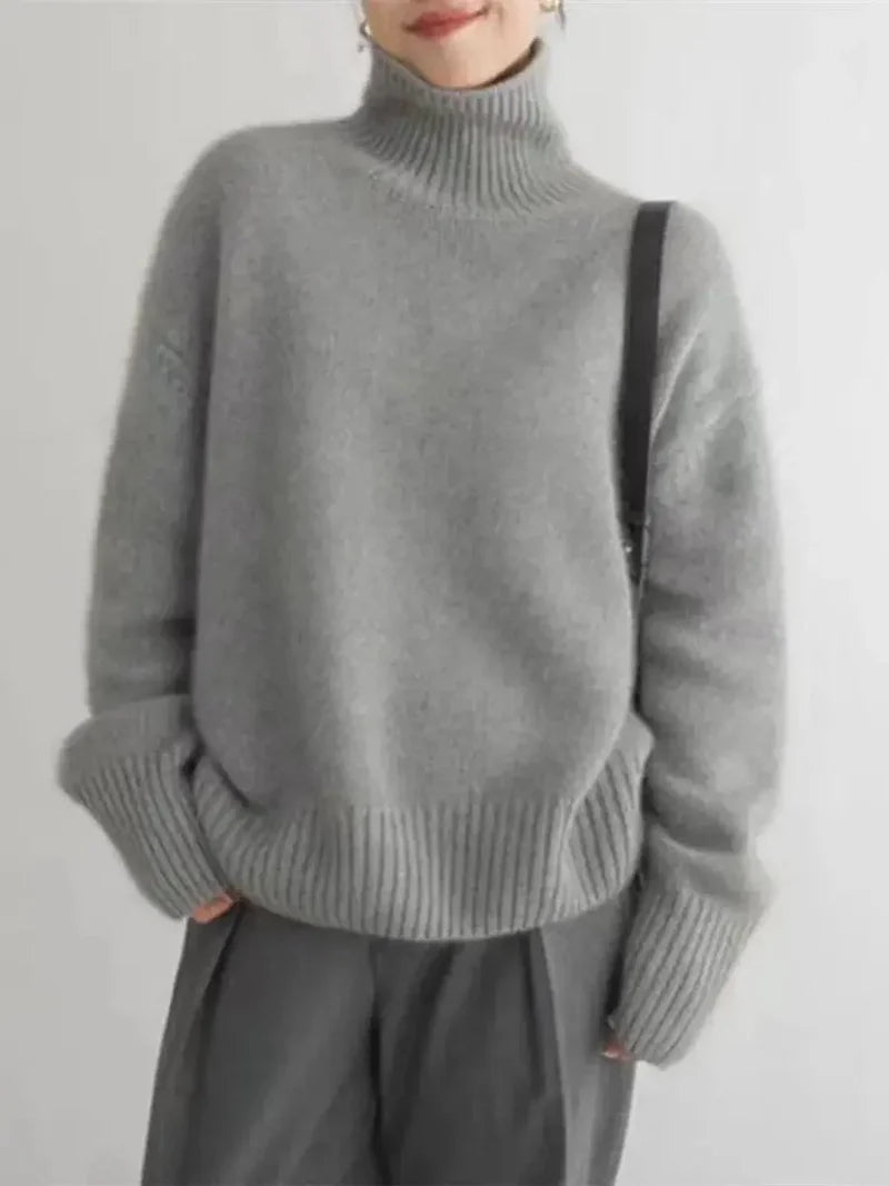 Women's oversized turtleneck knit sweater in grey - alternate view