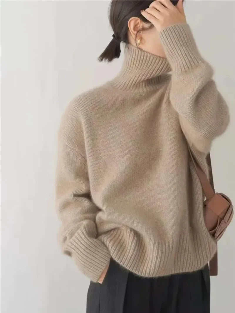 Women's oversized turtleneck knit sweater in taupe - alternate view