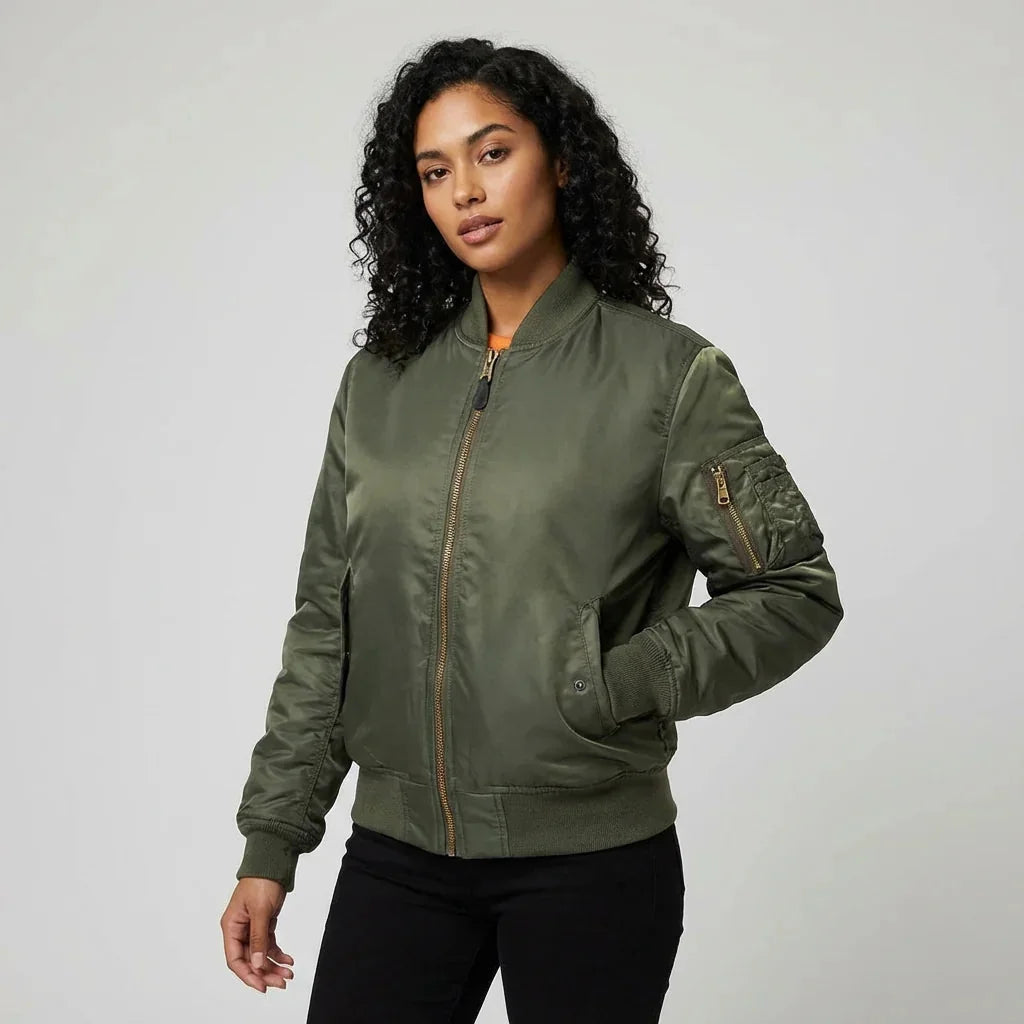Women's MA-1 Bomber Jacket, Zip Front with Utility Pocket