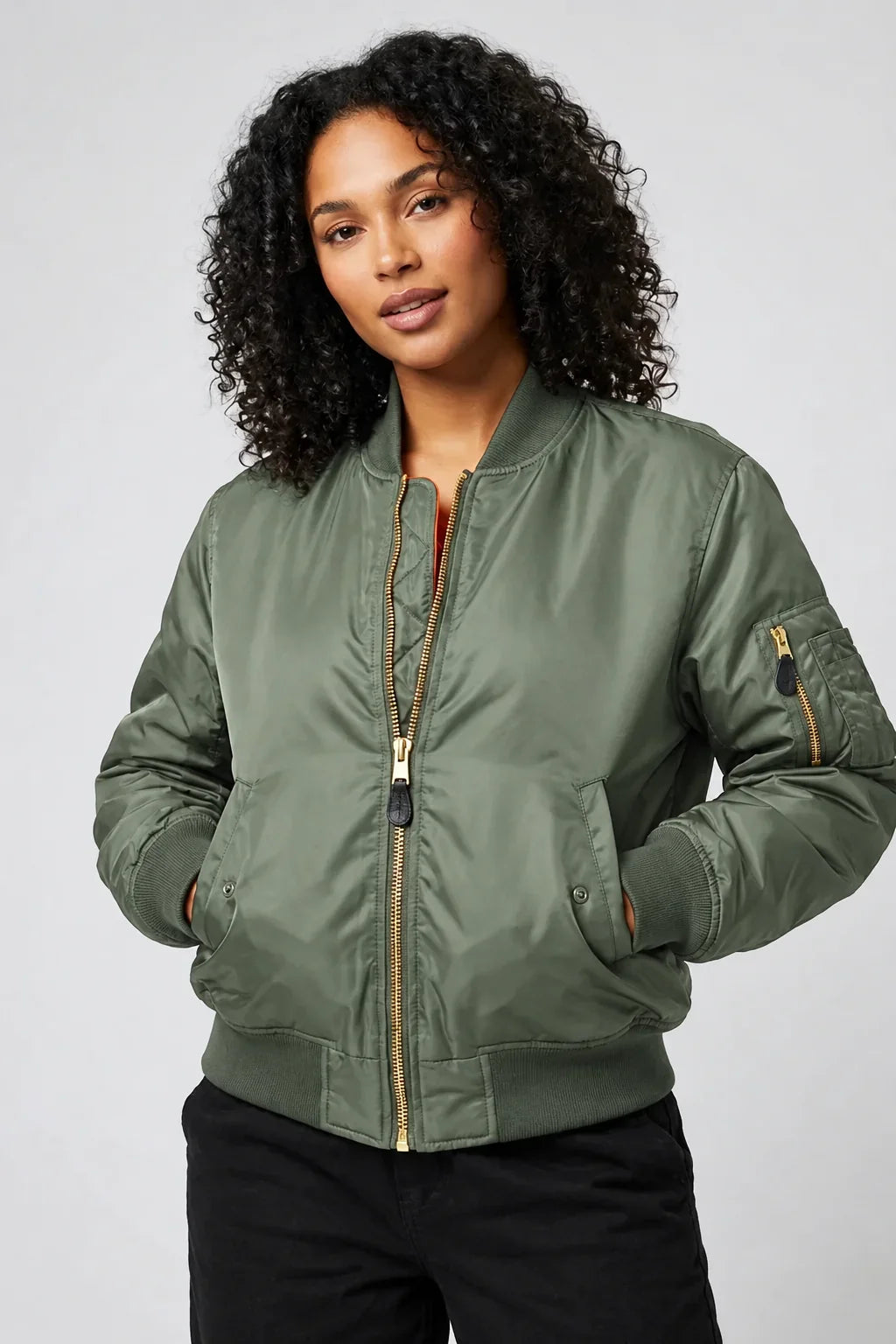 Women's MA-1 Bomber Jacket, Zip Front with Utility Pocket