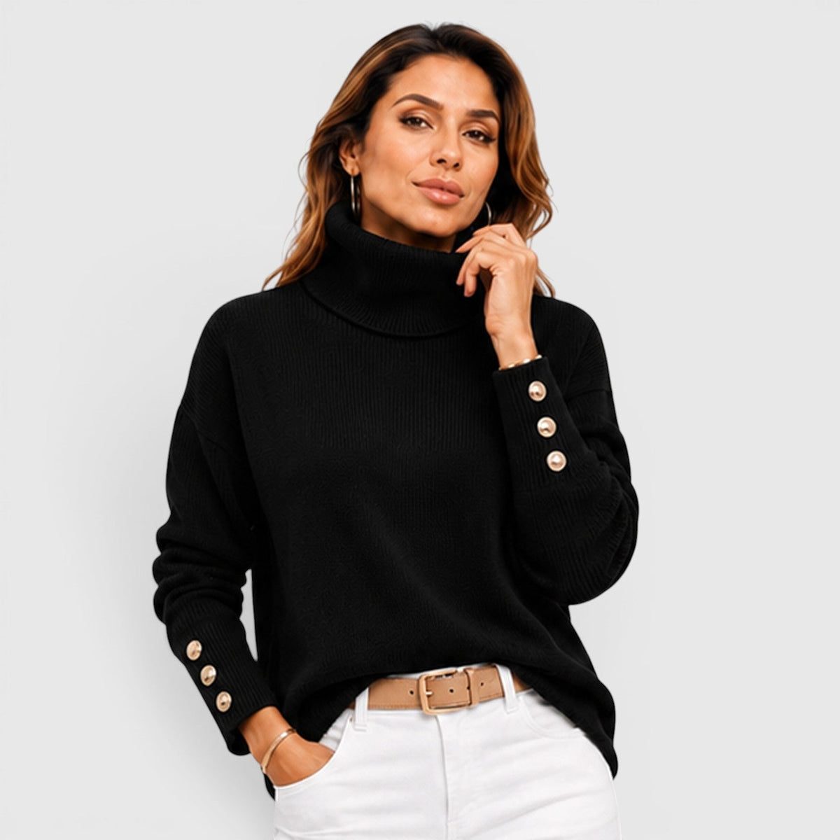 Women's Oversized Ribbed Turtleneck Sweater, Chunky Knit - Beverley